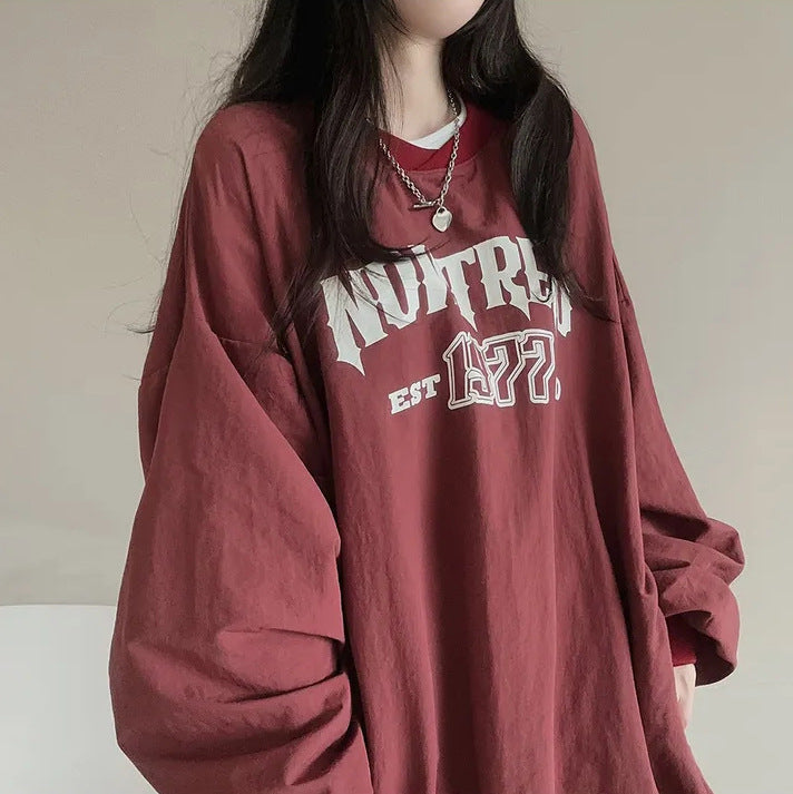 JazzHer Letter Print Oversized Round Neck Sweatshirt