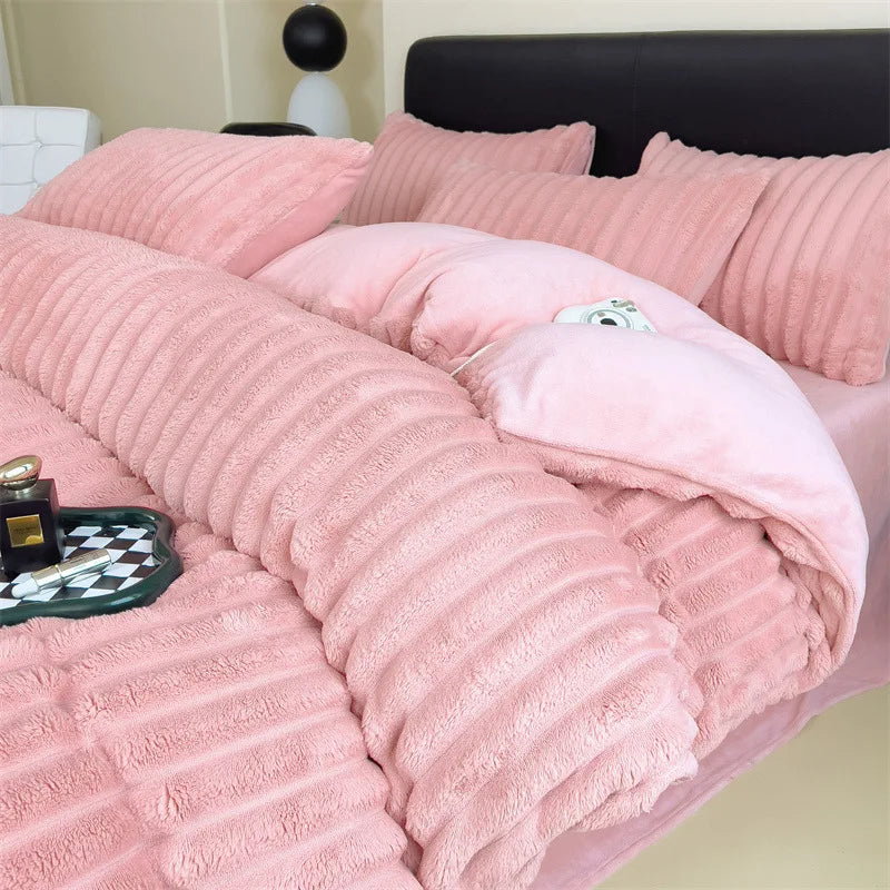 JazzHer Winter Thickened Plush Warm Duvet Cover Set Solid Color Luxury High Quality Quilt Cover Sheet Pillowcase 4pcs Queen Bedding Set