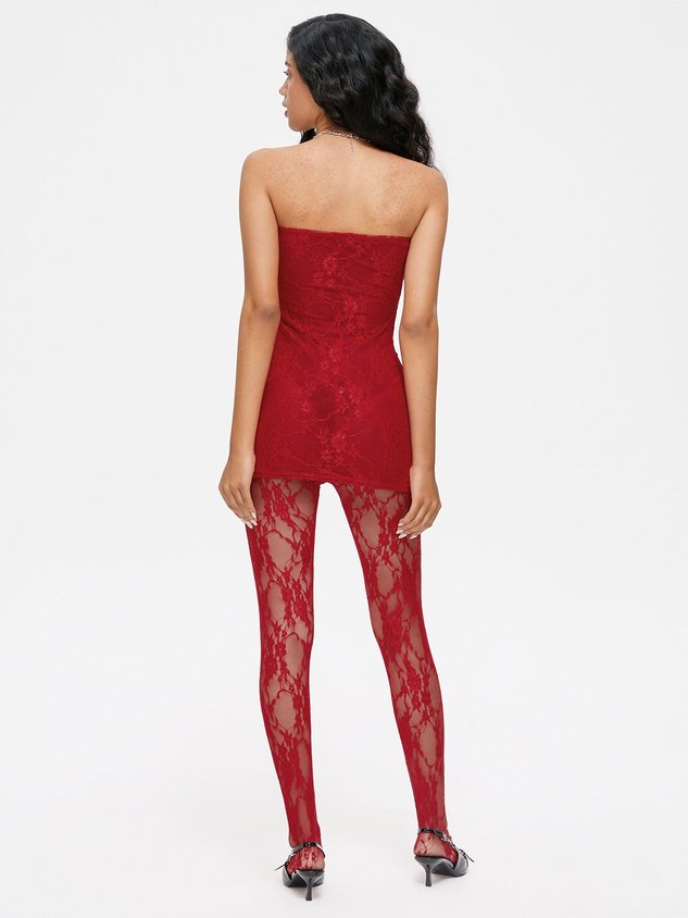 JazzHer 2024 New Lace Mesh Plain Tube Dress With Tights Two-Piece Set