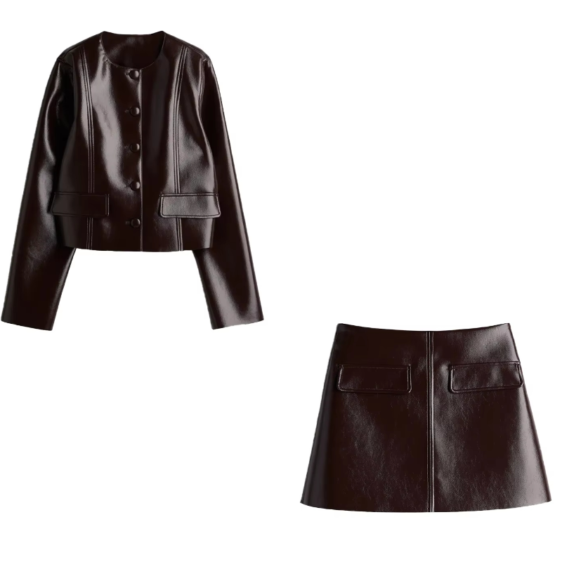 JazzHer Fashion Short Leather Jacket Skirt Set Women O-neck Single Breasted Jackets Sexy Mini Skirts 2024 Autumn Lady Locomotive Outfits