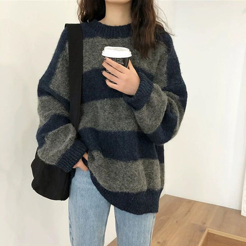 sweater Women's Knitwear Autumn and Winter New Lazy Style Contrast Color Striped Loose round Neck Long Sleeve Sweater Early Autumn Top