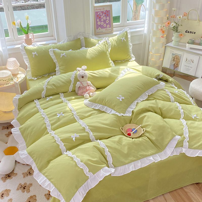 JazzHer Kawaii Korean Bedding Sets No Filling Ins Princess Style Lace Bow Duvet Cover Fitted Sheet Girl Woman Home Bedroom Bed Linens