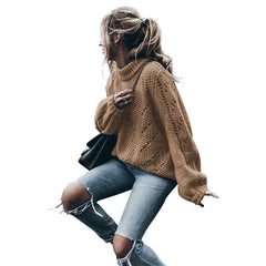 sweater Street Shooting New Autumn and Winter New Women's Clothing Solid Color round Neck Pullover Long Sleeve Hollow-out Vulnerability Sweater