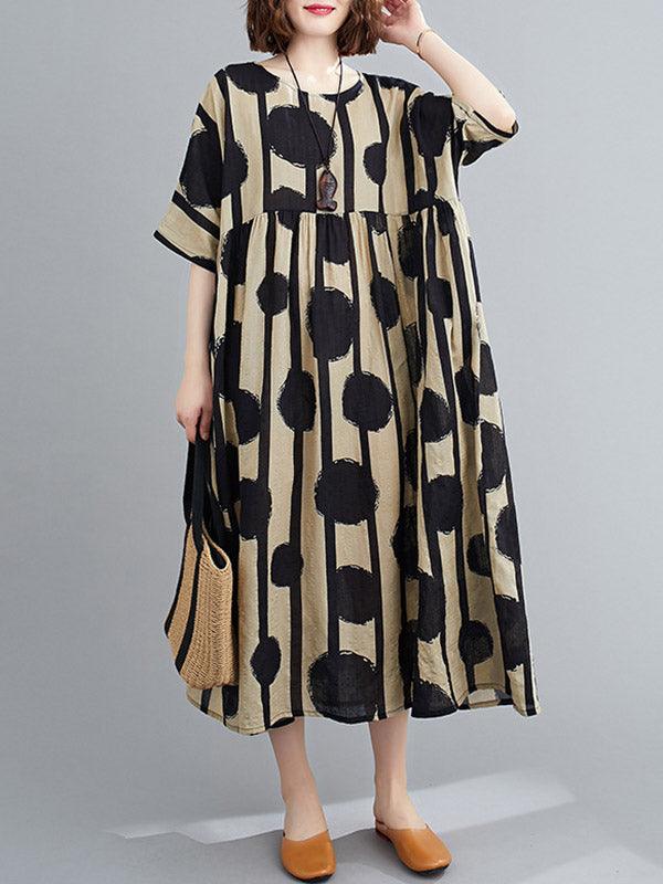 JazzHer Original Polka-Dot Split-Joint Round-Neck Midi Dress