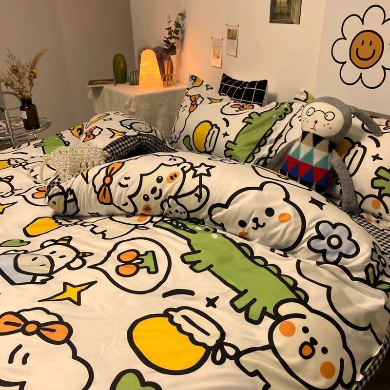 JazzHer Korean Style Cartoon Sheep Bedding Set Girls Kids Twin Full Queen Size Bed Flat Sheet Duvet Cover Pillowcases Bed Linen Kawaii