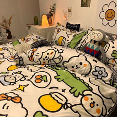 JazzHer Korean Style Cartoon Sheep Bedding Set Girls Kids Twin Full Queen Size Bed Flat Sheet Duvet Cover Pillowcases Bed Linen Kawaii