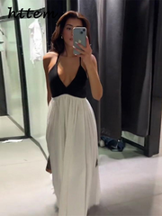 JazzHer Elegant Spliced Sling Long Dress Women Sexy Deep V Neck Backless Sleeveless Contrast Party Dresses 2024 Summer Lady Evening Robe