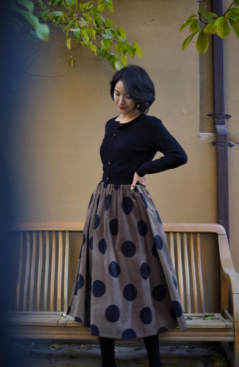 Jazzher Birch Brown Polka Dot Velvet Umbrella Skirt