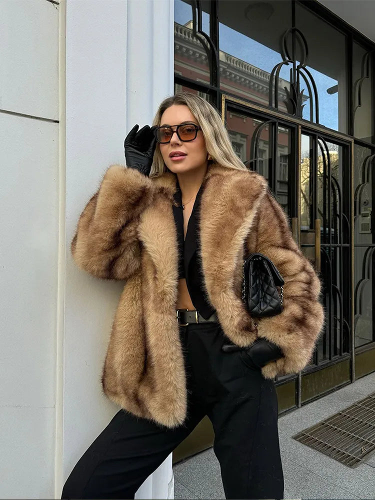 JazzHer Fashion Winter Warm Women's Faux Fur Fluffy Jackets Luxury Lapel Collar Long Sleeve Furry Thick Coat 2025 Chic Female Streetwear