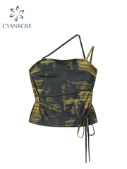 christmas outfit JazzHer 2025 Summer New Design Print Suspender Top Women's Sexy Bodycon Crop Tops Camouflage Bandage Female Retro Off Shoulder Camisole