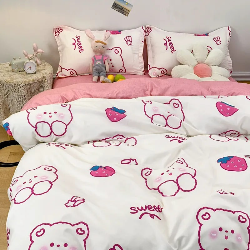 JazzHer Cute Cartoon Bedding Set Kids Single Double Size Boys Girls Duvet Cover Flat Sheet Pillowcases No Filler Home Textile