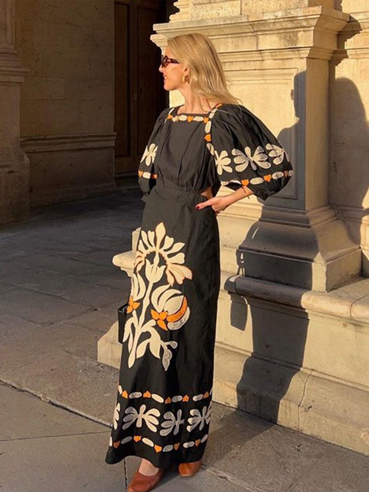 JazzHer Fashion Print Square Collar Long Dress Women Loose Puff Sleeve Hollow Out Female Dresses 2024 Summer Lady Elegant Holiday Robes