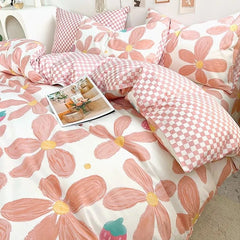 JazzHer Kawaii Bedding Set Kids Adult Flat Sheet Duvet Cover Pillowcase Single Double Full Size Bed Linen Floral Cherry Home Textile