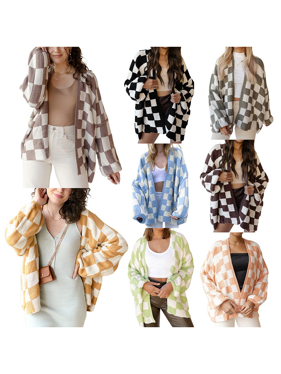 thanksgiving outfit JazzHer Women's Fall Knit Cardigan Plaid Print Long Lantern Sleeve Open Front Loose Sweater Jacket