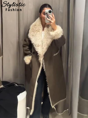 thanksgiving outfit JazzHer Vintage Fur Long Jackets Women Casual Loose Lapel Big Pockets Leather Coats Female 2024 Warm Fashion Thicken Warm Outwears Lady