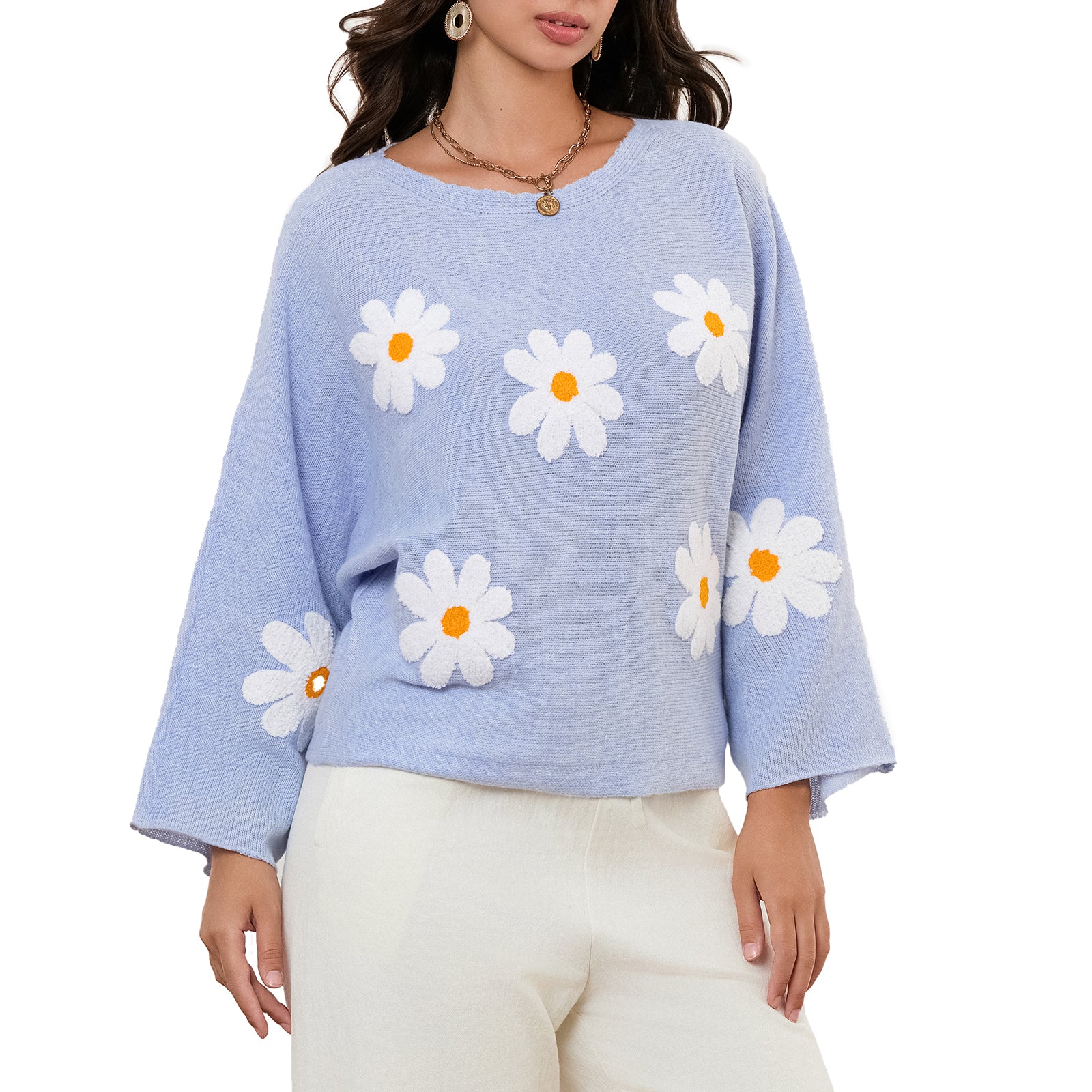 thanksgiving outfit JazzHer Women Loose Knit Sweater Sweet Flower Embroidered Long Sleeve Boat Neck Pullovers Spring Fall Casual Jumpers Tops