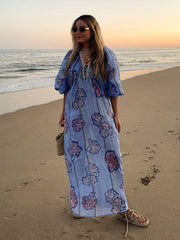 JazzHer Loose Striped Print linen Maxi Dress Women Fashion V-neck Lantern Sleeve Female Holiday Dresses 2024 Summer Lady Beach Robes New