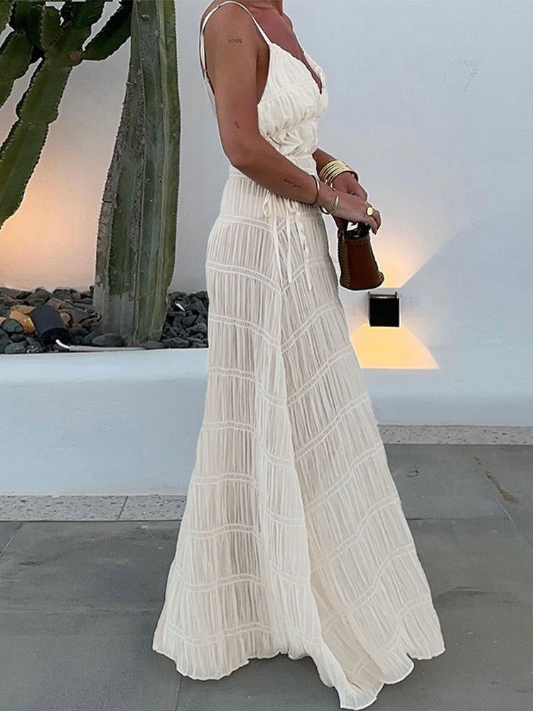 JazzHer Sexy Deep V-neck Women Maxi Dress Spaghetti Strap Pleated High Waist Lace Up Dresses Female Spring Elegant Holiday Beach Robes