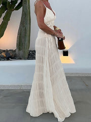 JazzHer Sexy Deep V-neck Women Maxi Dress Spaghetti Strap Pleated High Waist Lace Up Dresses Female Spring Elegant Holiday Beach Robes