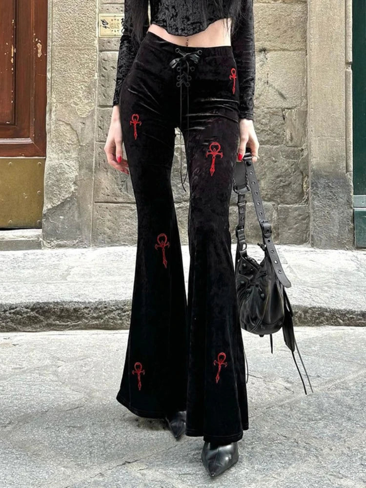 JazzHer Mall Gothic Velvet Flare Pants Women Streetwear Harajuku Cross Embroidery High Waist Pants Aesthetic Y2k Punk Trousers
