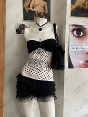 JazzHer Aesthetic T shirts Women Clothing Polka Dot Crop Top Vintage Sweet Girl Camis Tank Tops Punk Graphic Tees Grunge Sexy Y2k Sling