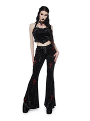 JazzHer Mall Gothic Velvet Flare Pants Women Streetwear Harajuku Cross Embroidery High Waist Pants Aesthetic Y2k Punk Trousers