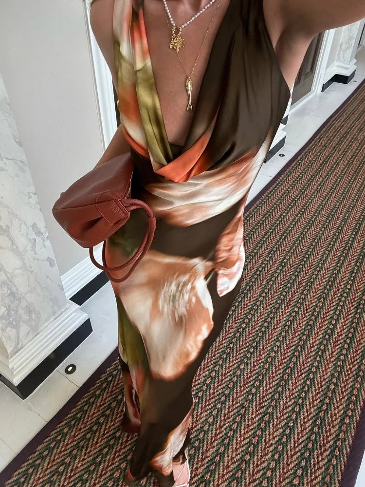 JazzHer Women Tie Dyed Print Ruffles Maxi Dress Elegant Swing Neck Slim Fit Maxi Dresses Sexy Open Back Summer Evening Party Gowns 2025