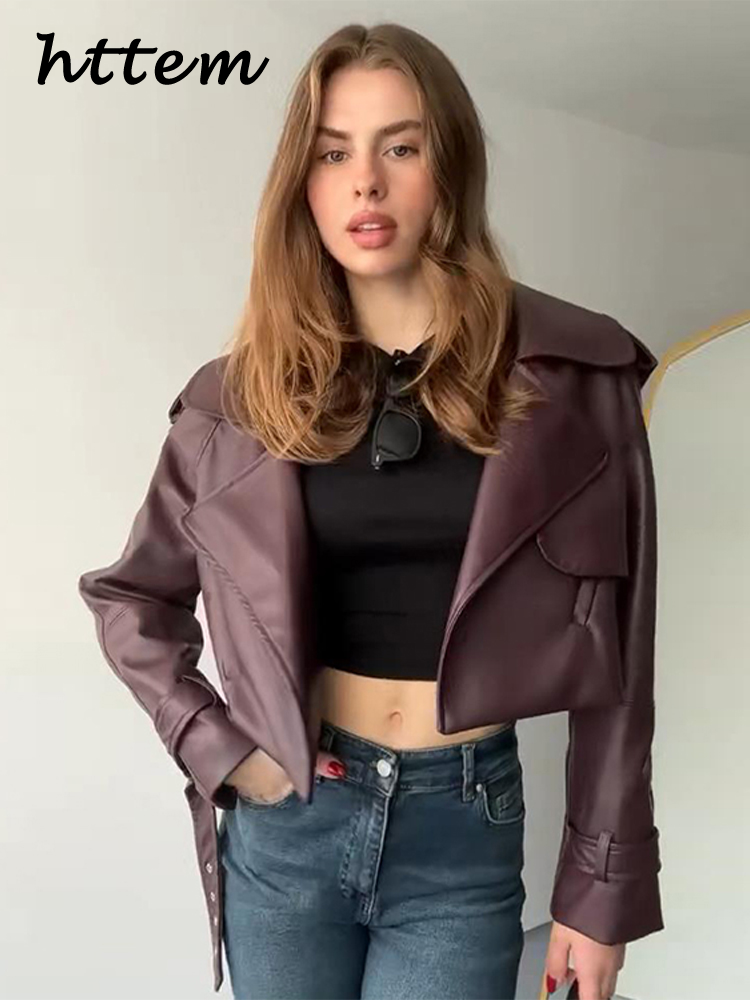 JazzHer Fashion Women's Burgundy Crop Leather Jacket Vintage Lapel Pockets Long Sleeve Coat 2024 Autumn Winter Lady Street Loose Outwear