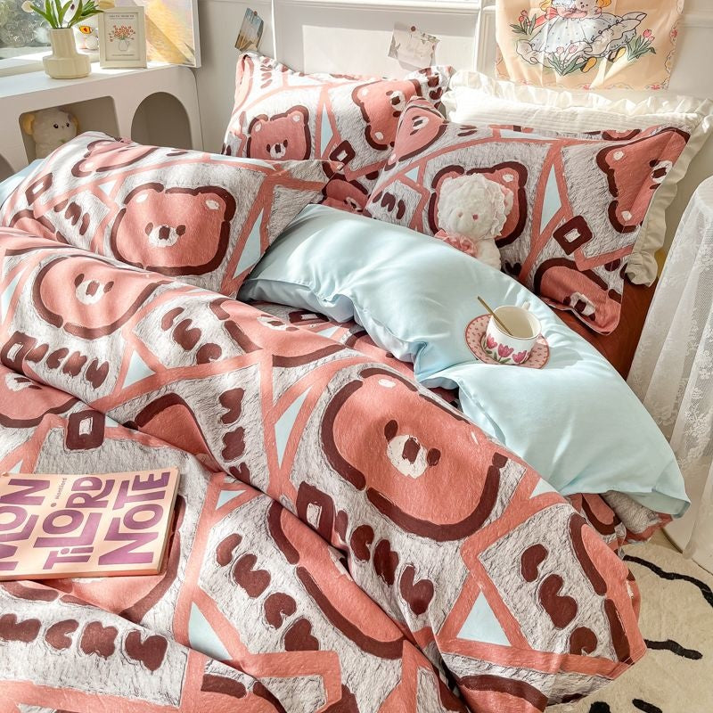 JazzHer Ins Pink Rose Bedding Set Polyester Bed Sheet Pillowcase Quilt Cover Full Twin Queen Size Bed Linen Girls Floral Duvet Cover