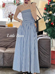 JazzHer Vintage Plaid Dress Women Korean Elegant Tube Top Folds Midi Dress Summer Holiday Beach Y2K All Match Female Vestidos
