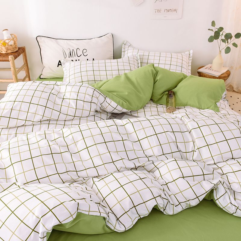 JazzHer Classic Bedding Set Hot Sale Plaid Green Ins Single Queen Size Duvet Cover No Filler Flat Sheet Pillowcase Home Hotel Bed Linens