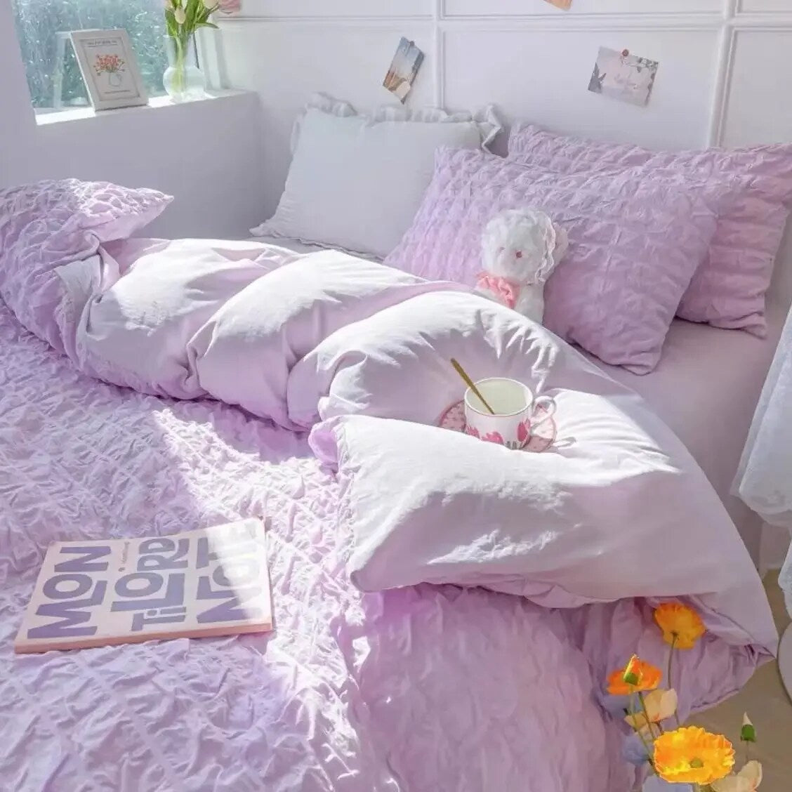 JazzHer Princess Bedding Set  French Style Wash Cotton Solid Color Seersucker Summer Soft 2024New Bed Sheet Set Comforter Set