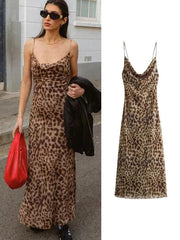 JazzHer Ladies Vintage Leopard Print Women Sexy Spaghetti Strap Summer Dress Chic Swing Collar Backless Party Club Long Dresses Female