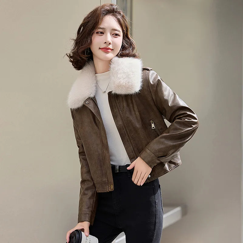 cold weather outfits JazzHer Women's Autumn Winter New Style Leather Jacket Large Collar Fleece Lined And Thickened Petite Jacket PULeather ZH1138