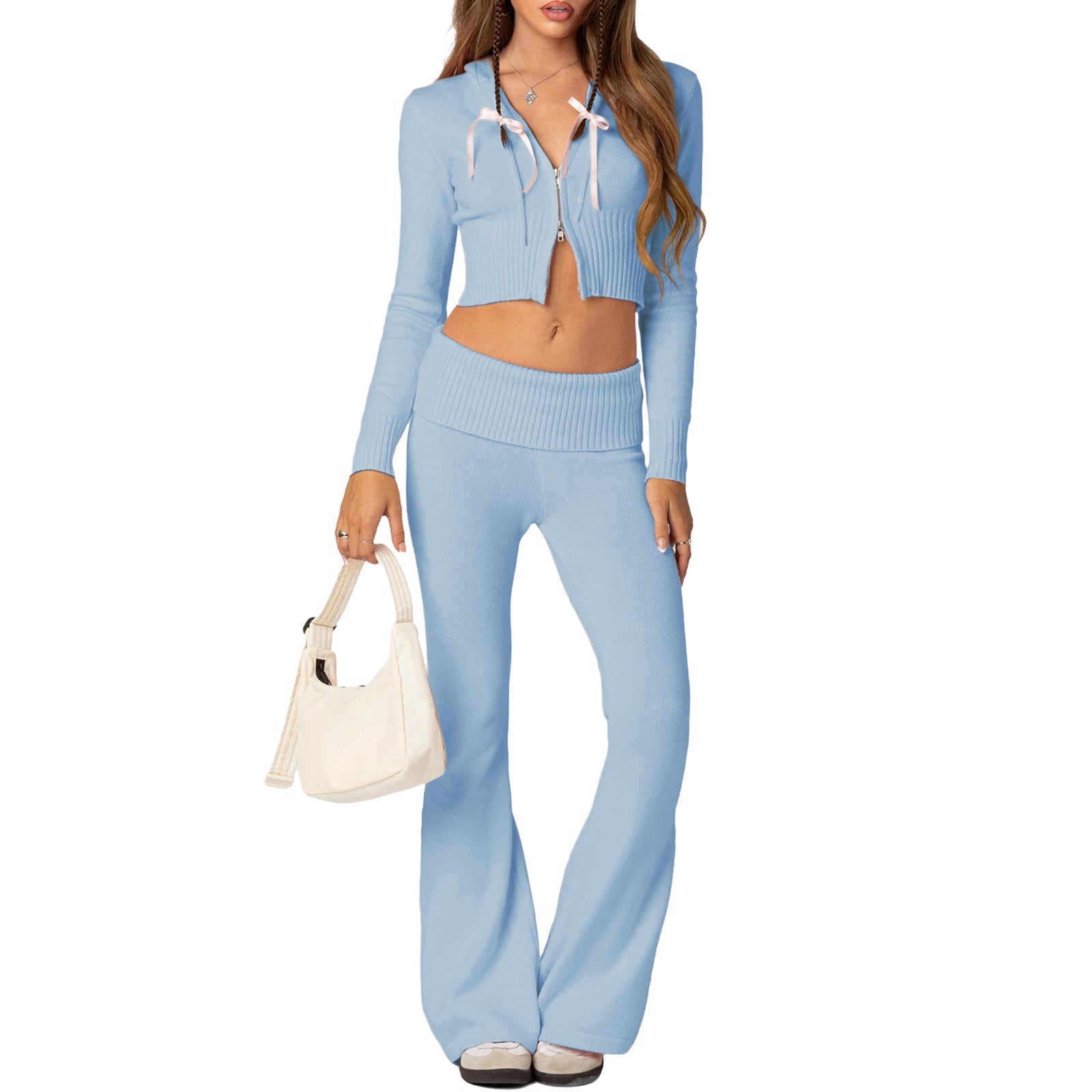 thanksgiving outfit JazzHer Y2K Women 2 Piece Knitted Outfits Long Sleeve Knitted Sweater Top Zipper Tracksuit Flare Pants Streetwear