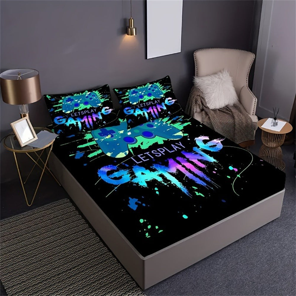 JazzHer Painted Player Game Controller Print Fitted Sheet Set Mattress Cover Bedding Comfortable Breathable Bedding Set With Deep Pocket