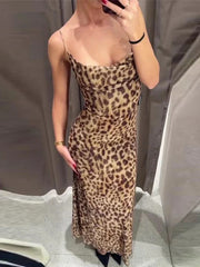 JazzHer Ladies Vintage Leopard Print Women Sexy Spaghetti Strap Summer Dress Chic Swing Collar Backless Party Club Long Dresses Female