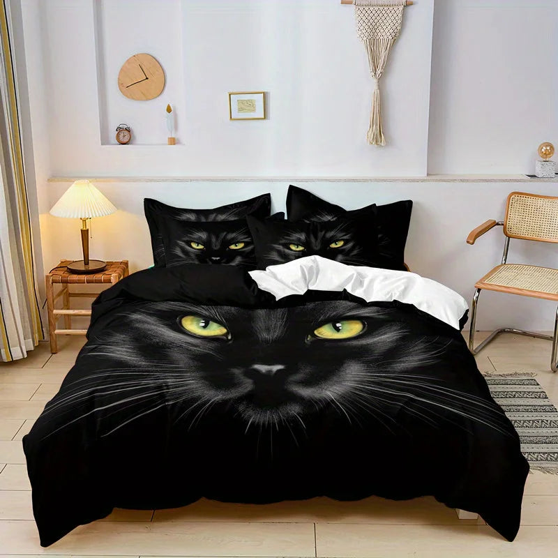 JazzHer 3pcs Duvet Cover Set, Black Cat Print Bedding Set, Soft Comfortable Duvet Cover, For Bedroom, Guest Room