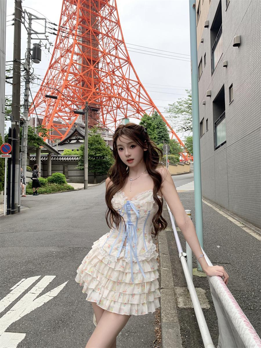 JazzHer Sweet Girl Lace Cute Y2k Tops Women Clothes 2000s Kawaii Bandage Sling Body Tank Tops Camis Coquette Sexy Summer Femme Crop Top