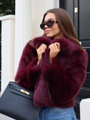 JazzHer Burgundy Red Chic Women's Fluffy Faux Fur Short Jacket Women Elegant Lapel Long Sleeve Plush Coat Female Warm Cropped Streetwear