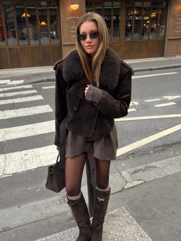 JazzHer Vintage Brown Faux Fur Collar Suede Short Jacket For Women Fashion Lace Up Long Sleeve Cropped Coat Retro Female 2024 Streetwear