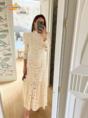 JazzHer Elegant Hollowed Lace Maxi White Dress Women Fashion Mock Neck Long Sleeved Shoulder Padded Robes 2025 Evening Women's Clothing