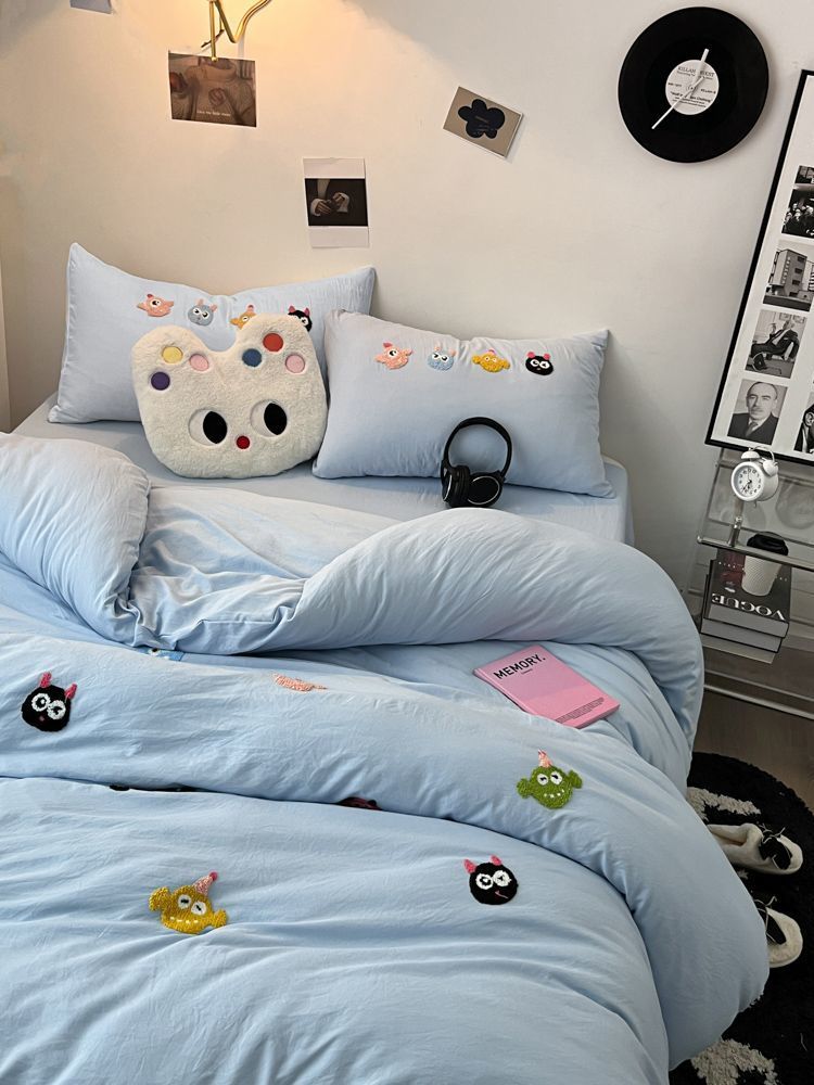 JazzHer Korean Style Fresh Bedding Set Water Washed Cotton Cute Towel Embroidered Duvet Covers, Bed Sheets, Dormitory