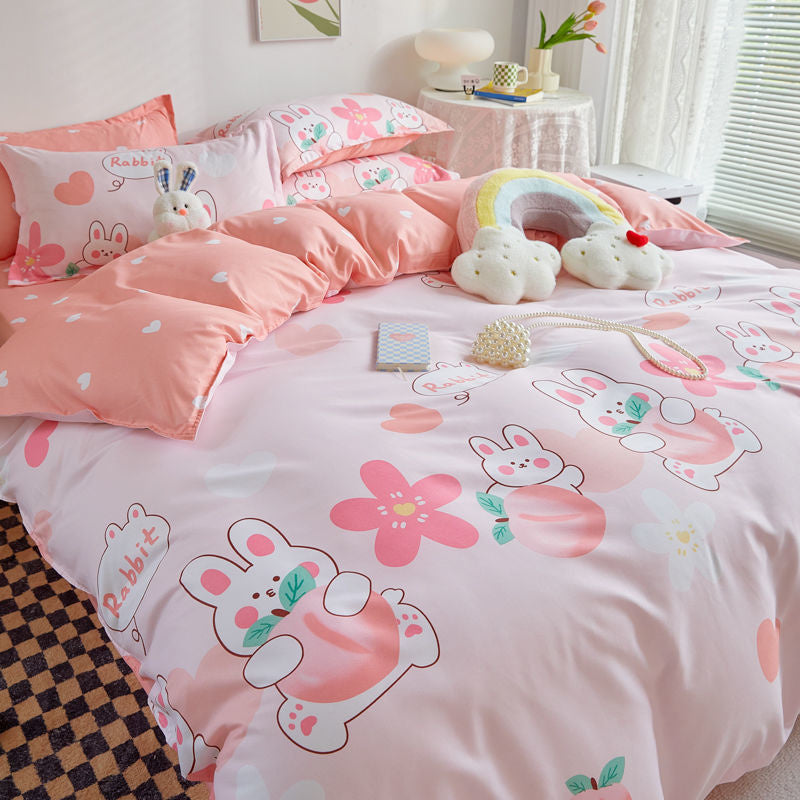 JazzHer Garden Flowers And Cute Rabbit Pattern Duvet Cover Nordic Style Full Size Bedding Sets Queen Double For Girls Gift Pink