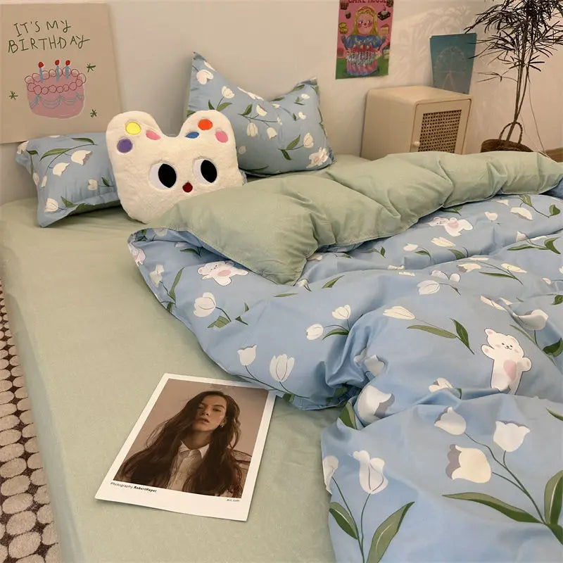 JazzHer Floral Bedding Set with Duvet Cover No Filling Flat Sheet with Pillowcases 2024 New Kids Queen Full Size Boys Girls Bed Linen