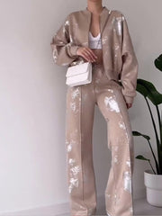 thanksgiving outfit JazzHer Sequined 2 Piece Sets For Women Print Zipper Long Sleeve Coat Suit Female Loose Pant Set 2024 Spring Fashion Casual Lady Outfits