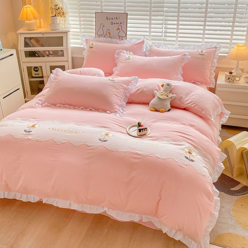 JazzHer Ins Korean Style Bedding Set with Ruffles Princess Duvet Cover No Filling Flat Sheet Pillowcases Kit Girls Blue Pink Solid Color