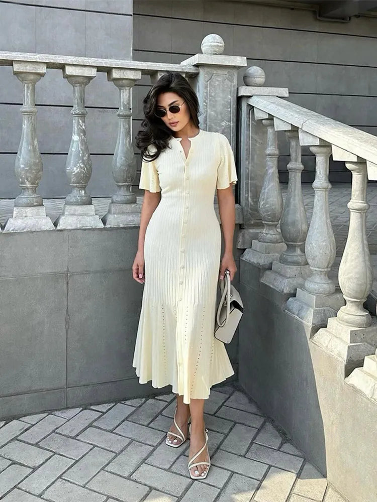 JazzHer Elegant Knitted Hollow Out  Dress For Women Fashion Solid Single Breasted Short Sleeved Slim Dresses New Lady Commuting Robe