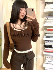 JazzHer Korean Fashion Knitted Fake Two Tops Basic Slim Bodycon Sweater Blouse Outwear Design Long Sleeve Clothing 2025 Autumn Chic