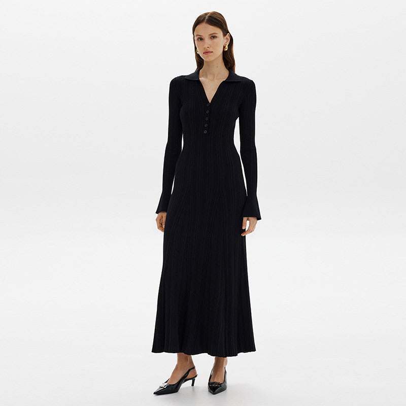 JazzHer Elegant Knitted Ribbed Long Dress Women Casual Lapel Button Flare Sleeve Female Dresses 2024 Autumn Lady Office Solid Robes New